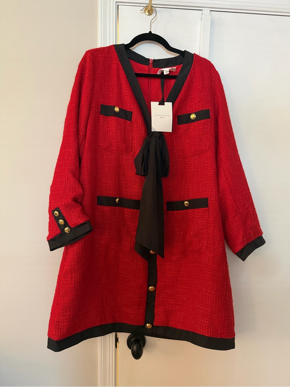 Tuckernuck BNWT Red Coco Tweed Long Jacket with Black Trim and Gold Buttons